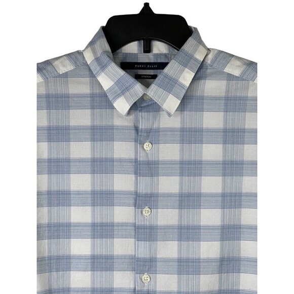 Perry Ellis Mens Button Down Stretch Cotton Shirt Oeko-Tex S/S Blue White Medium - Picture 1 of 7